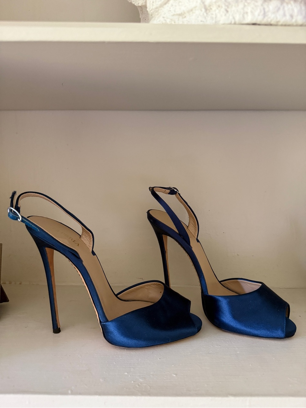 La Perla Navy Satin Stiletto Ankle-Strap Heels 5”